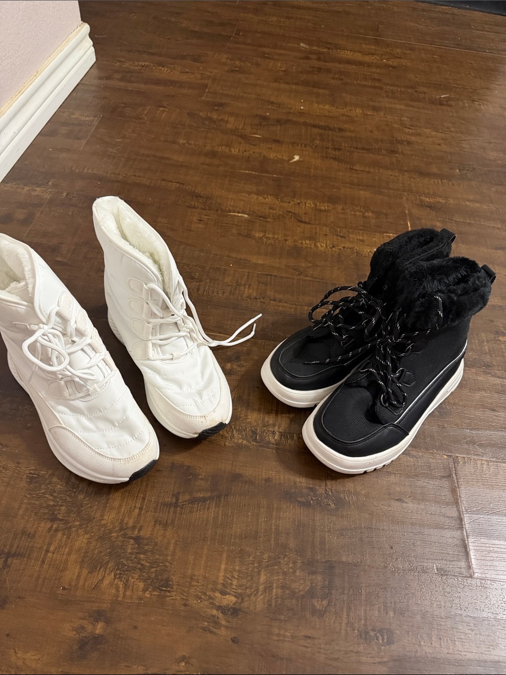 White and Black Faux-Fur Lace-Up Winter Boots